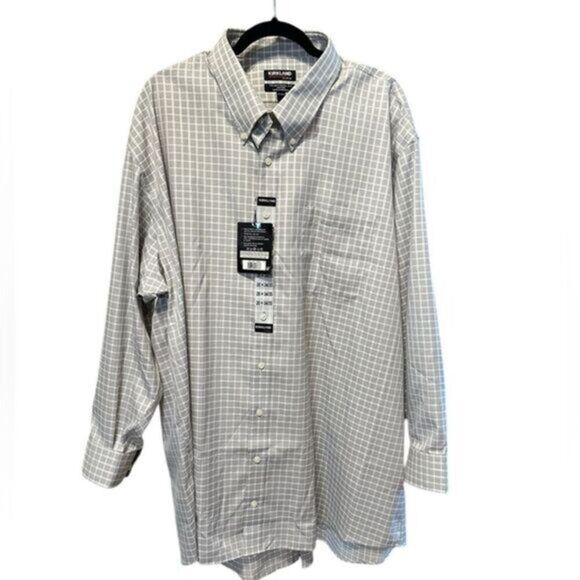 NWT Kirkland Signature Men’s Gray Plaid Button Down Dress Shirt - Size 20/3XL - Picture 1 of 7